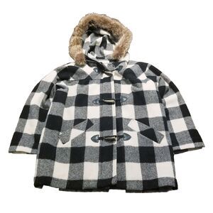 Woolrich Vintage Coat Women M Buffalo Check Black Cream Wool Fur Trim Hooded USA